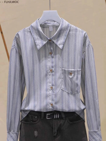 Cralom Striped Button Shirt Women Long Sleeve Office Blouse Casual Retro Design