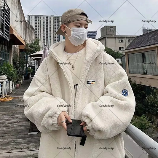 Cralom Men's Hooded Lamb Wool Coat Plus Velvet Padded Jacket