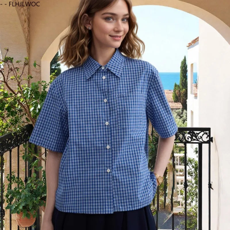 Cralom Blue Plaid Short Sleeve Button Top - Summer Preppy Style Girls Blouse