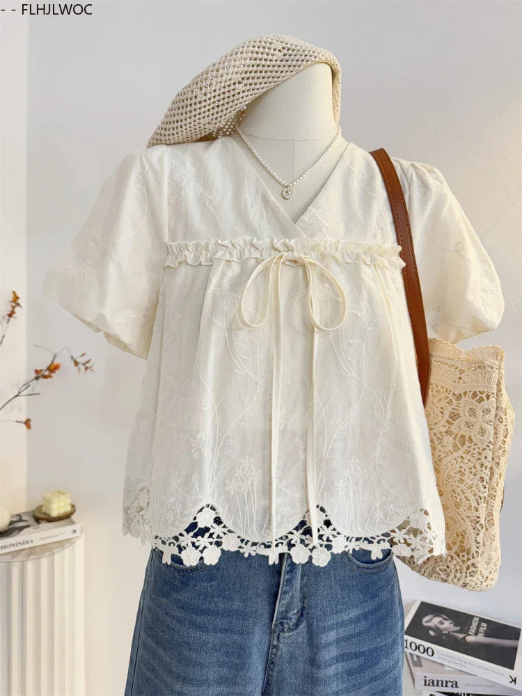 Cralom Cute Bow Tie Lace Blouse Japanese Style Summer Top