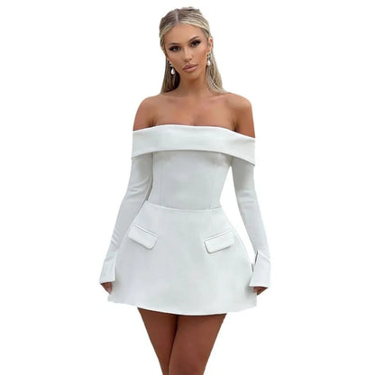 Cralom One Shoulder A-line Dress, Slim Fit, Long Sleeve, Solid Color