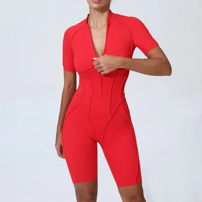 Cralom Seamless Yoga Jumpsuit Short Sleeve Fitness Bodysuit Zipper Activewear