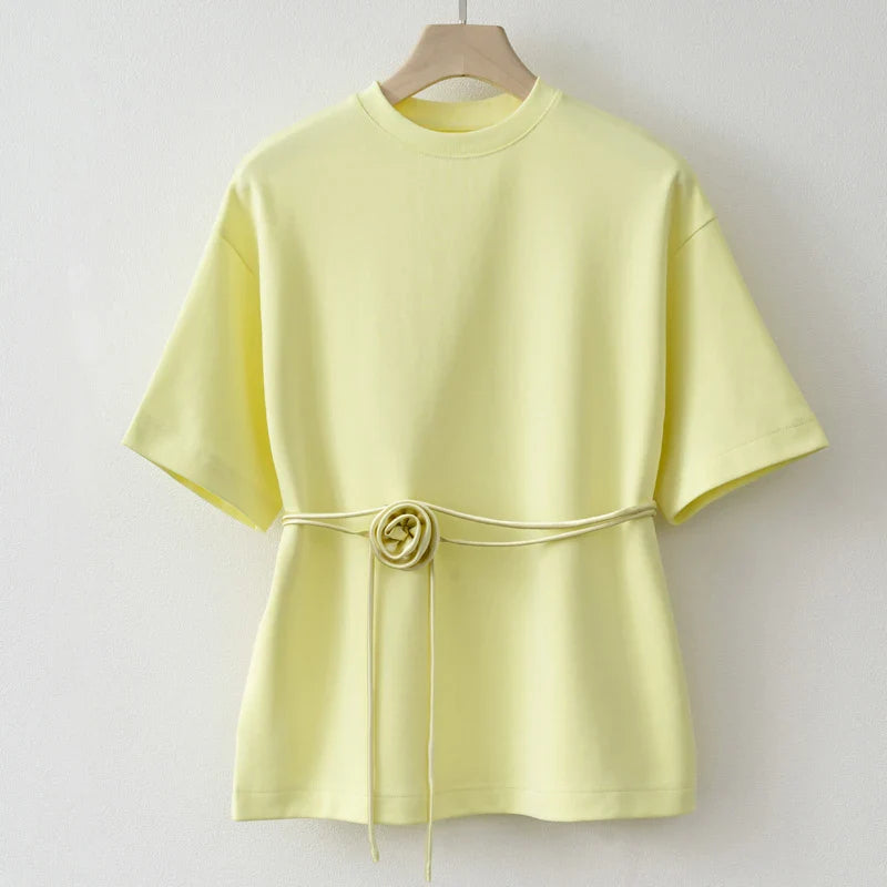 Cralom Lace Up Flower Shirt - Short Sleeve O-Neck Spring Outwear