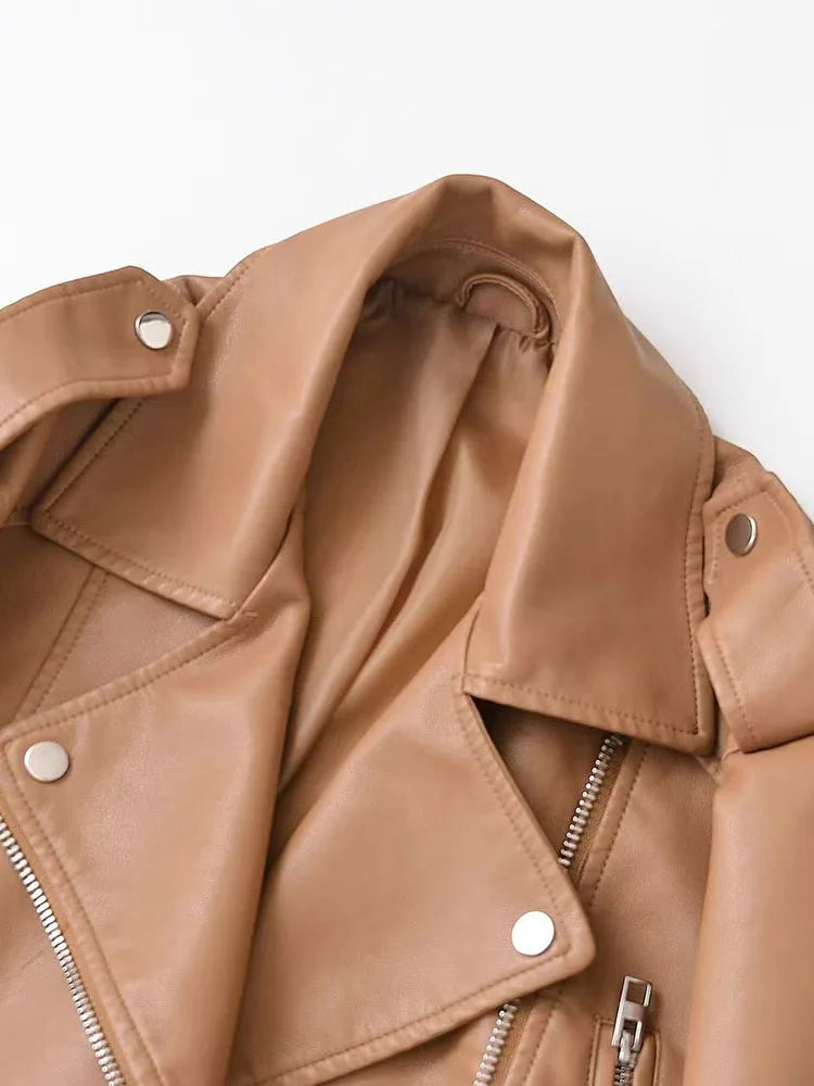 Cralom Faux Leather Jacket with Belt Zipper Lapel Spring Autumn Coat Women's Outwear