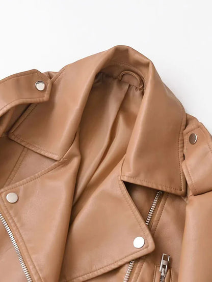 Cralom Faux Leather Jacket with Belt Zipper Lapel Spring Autumn Coat Women's Outwear