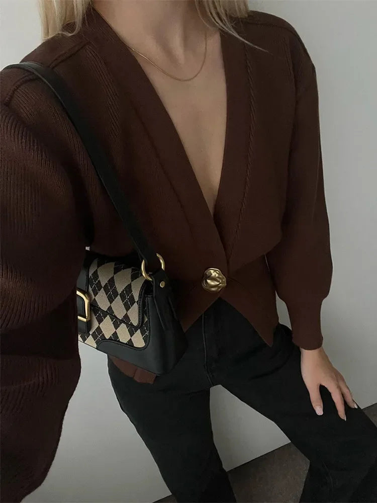 Cralom Deep V-Neck Knitted Cardigan: Elegant Metal Button High Streetwear Top