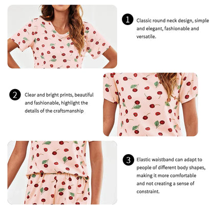 Cralom Floral Print Pajama Set Short Sleeve Trousers Sleepwear Home Clothes