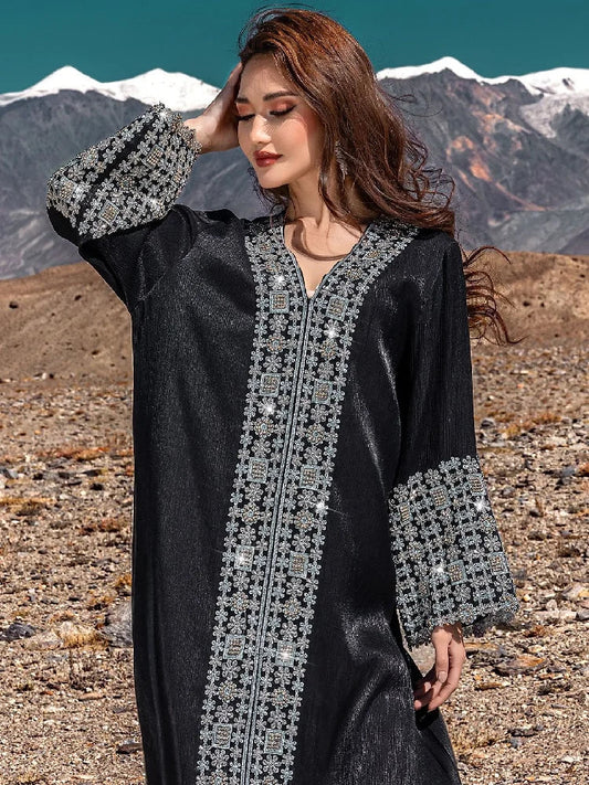 Cralom Black Nida Crepe Embroidered Abaya: Elegant African Muslim Dress for Women