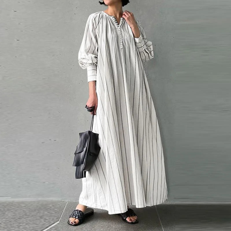 Cralom Striped Cotton Linen Long Sleeve Pullover Dress Summer 2024
