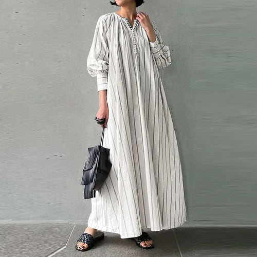 Cralom Striped Cotton Linen Long Sleeve Pullover Dress Summer 2024