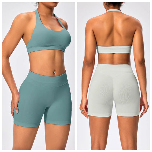Cralom Seamless Impact Halter Yoga Bra Set with Scrunch But Gym Legging