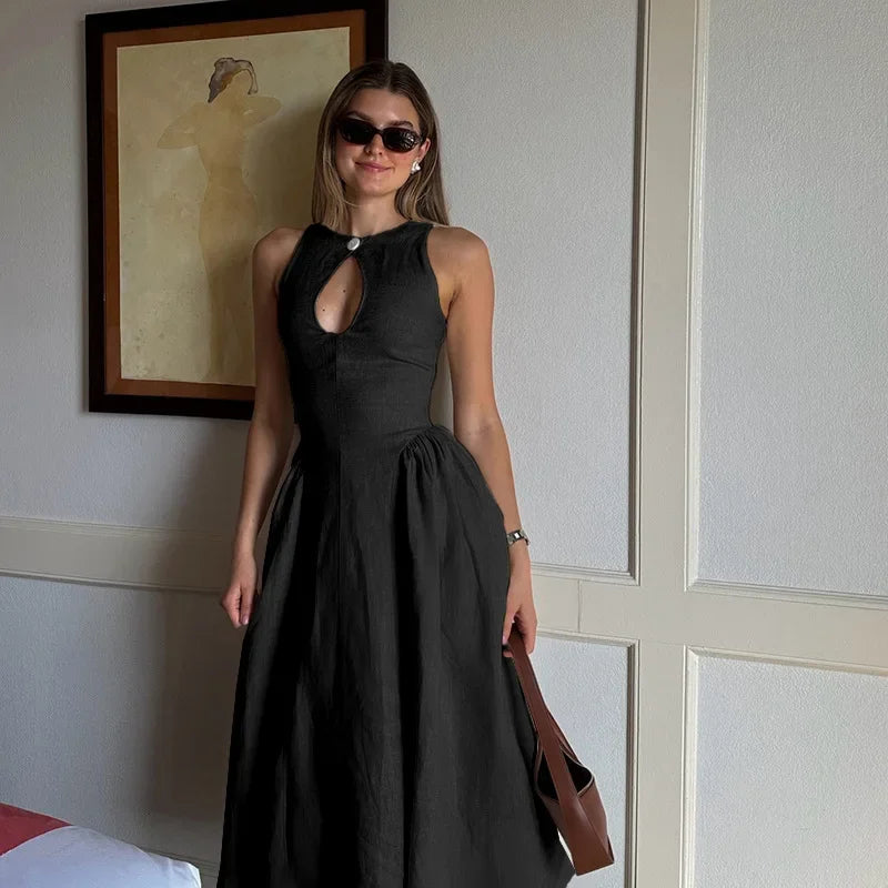 Cralom Sleeveless V-neck Hollowed Out A-list Dress for 2024 Summer