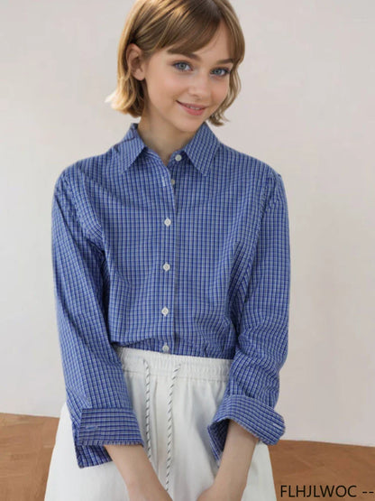 Cralom 2025 Long Sleeve Blue Plaid Shirt Button Detail Loose Fit