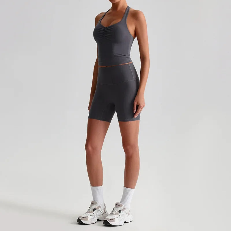 Cralom Women's Naked Feel Yoga Set with Backless Sports Bra and Butt Lifting Tight Shorts