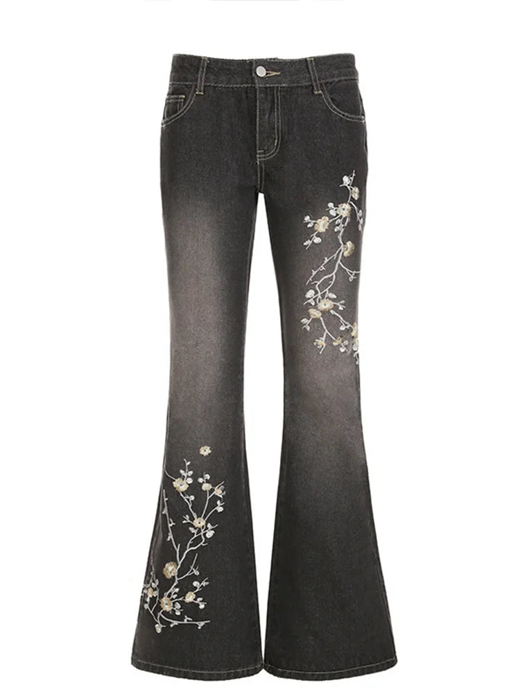 Cralom Vintage Embroidery Flare Jeans - High Waist Slim Straight Pants
