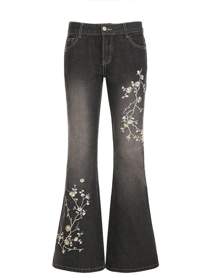 Cralom Vintage Embroidery Flare Jeans - High Waist Slim Straight Pants