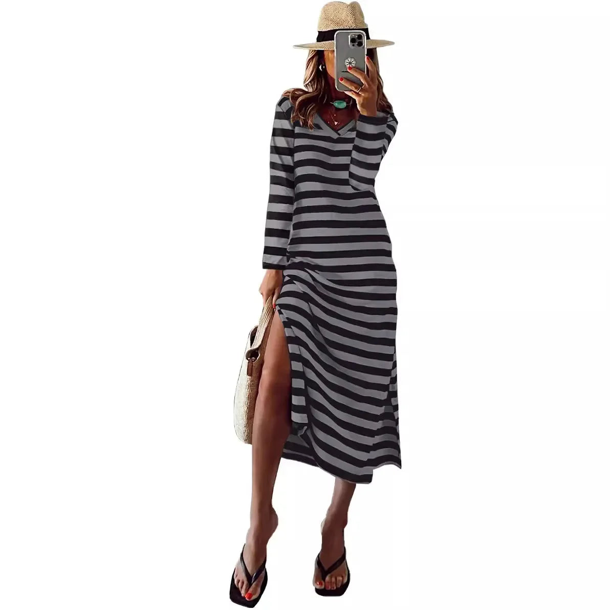 Cralom Women's V-neck Striped Long Sleeve Slit Dress
