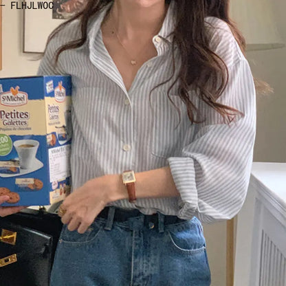 Cralom Striped Boyfriend Shirts: Sweet Girls' Retro Tops for a Cute Preppy Look