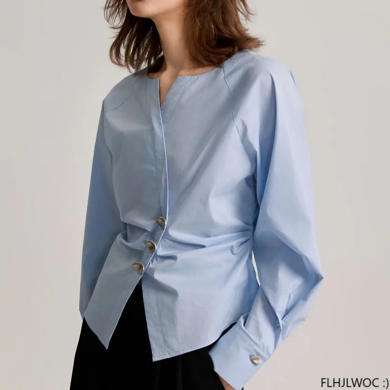 Cralom Autumn 2024 Tunic Peplum Top: Long Sleeve Solid Slim Waist Button Shirt