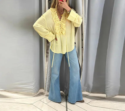 Cralom Ruffled Chiffon Shirt Casual V-Neck Blouse Women's Streetwear Tops