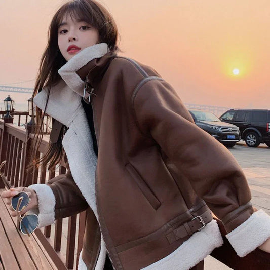 Cralom Winter Lambswool Padded Fur Coat Female Motorcycle Suit