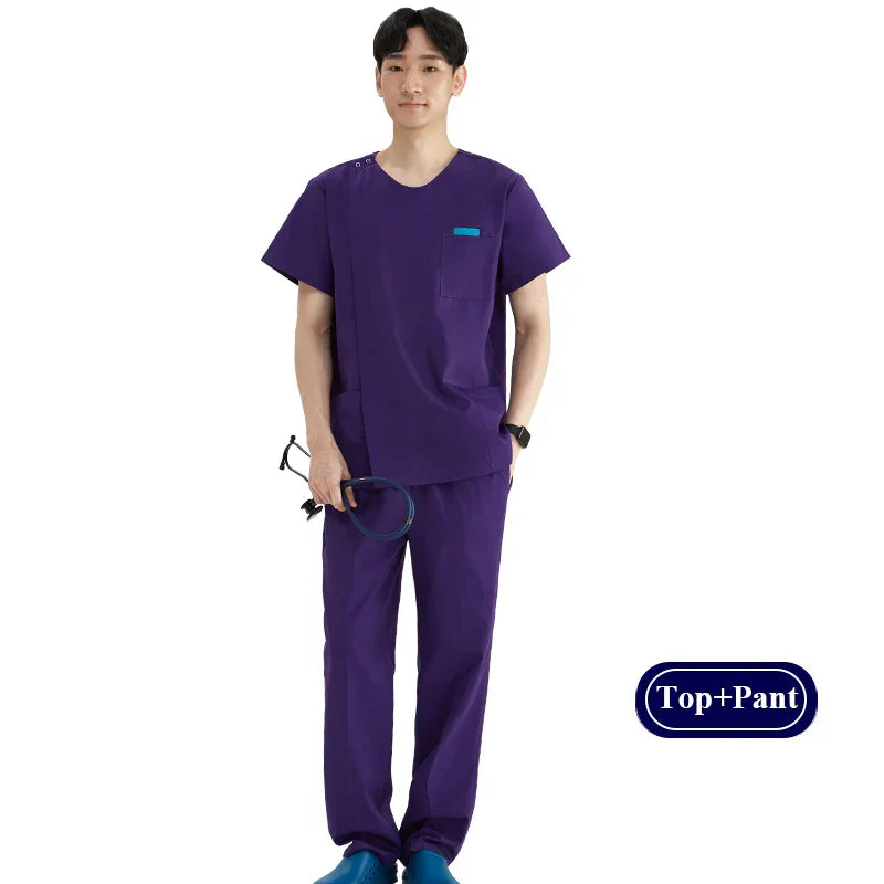 Cralom Heather Scrub Set: Men Women Zip Top, Drawstring Pants 2pc Slim Tunic