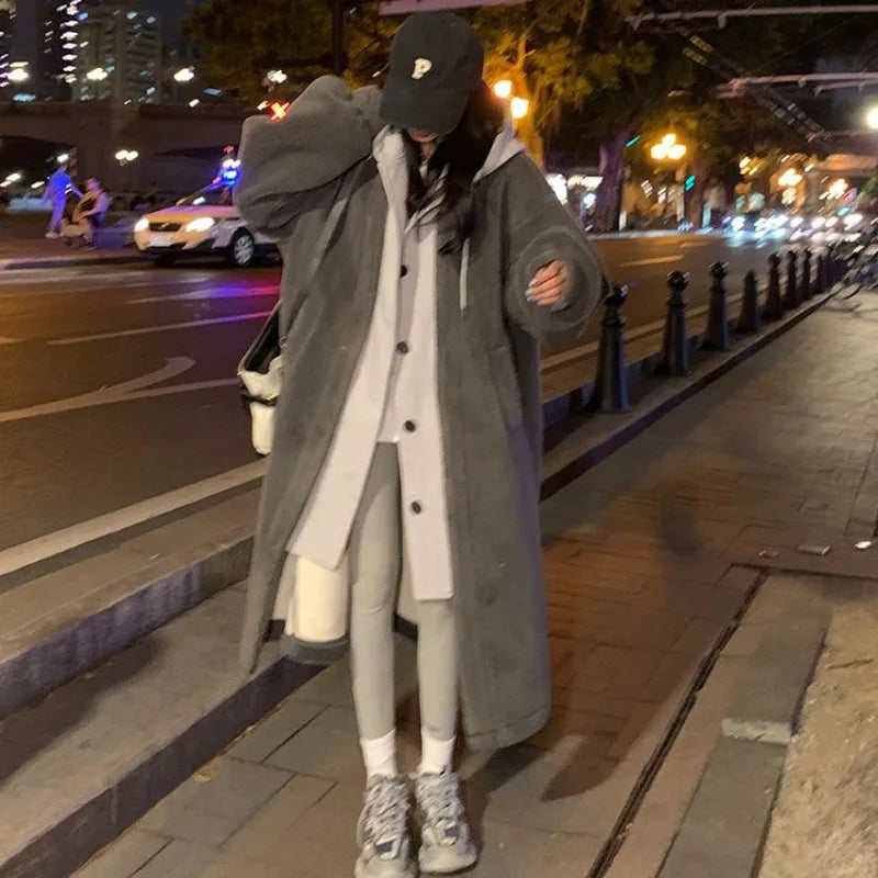 Cralom Imitation Lambswool Long Coat with High Hood, Korean Style Two-piece Design