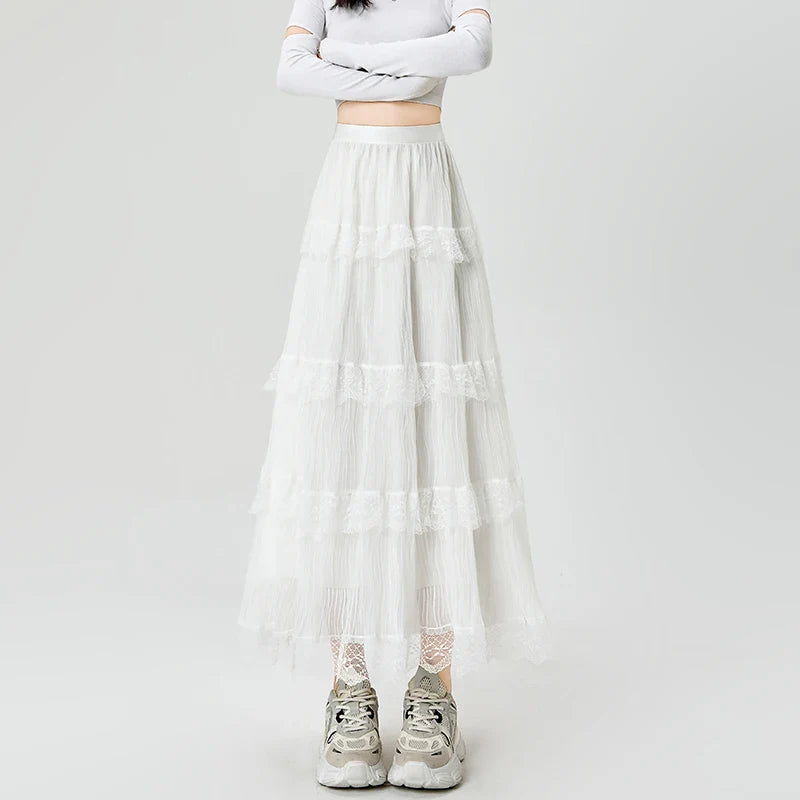 Cralom Lace Spliced A Line High Waist Pleated Skirt 2025 Elegant Summer Fashion