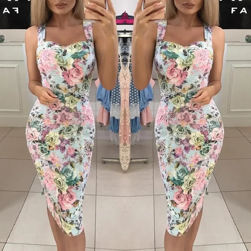 Cralom V-neck Camisole Dress Sleeveless Slim Fit Full Print Backless Slimming Design
