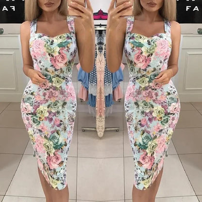 Cralom V-neck Camisole Dress Sleeveless Slim Fit Full Print Backless Slimming Design