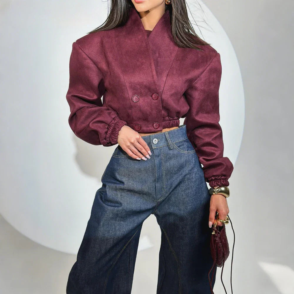 Cralom Winered Retro Slim Coat V Neck Double Breasted Short Jacket Women's Fashion