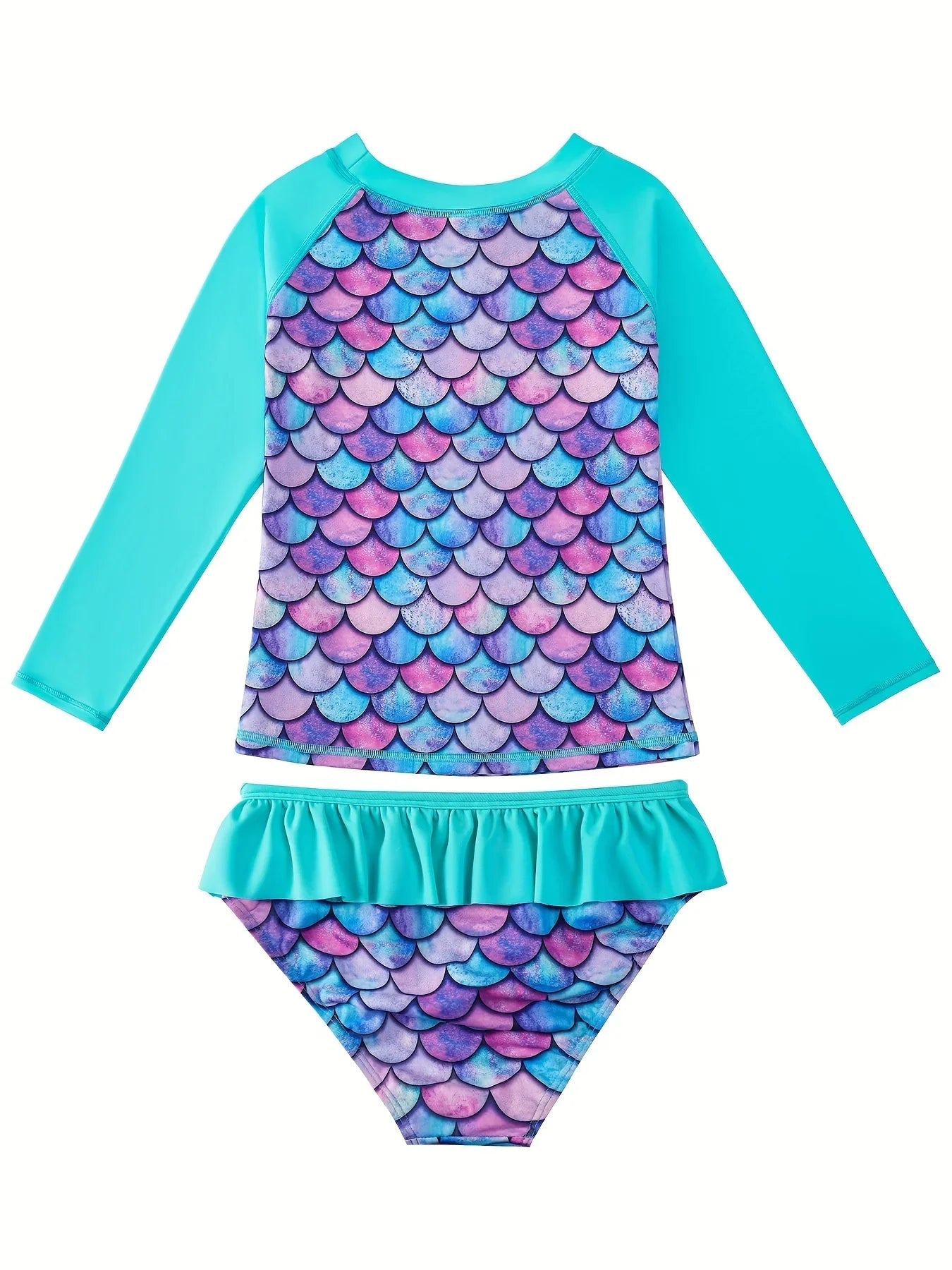 Cralom 2-Piece Long-Sleeve Scale Print Girls' Swimwear: Crew Neck Top & Bikini Cut Briefs