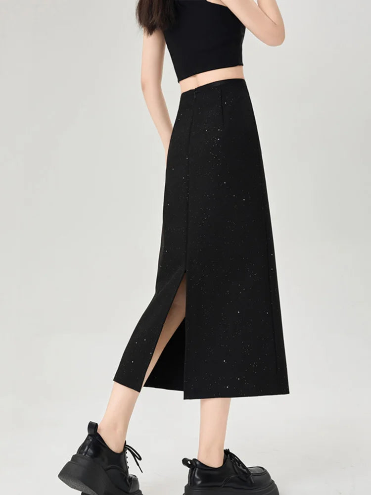 Cralom Elegant Sequins Suit Skirt- High Waist Slim A Line Midi Skirt