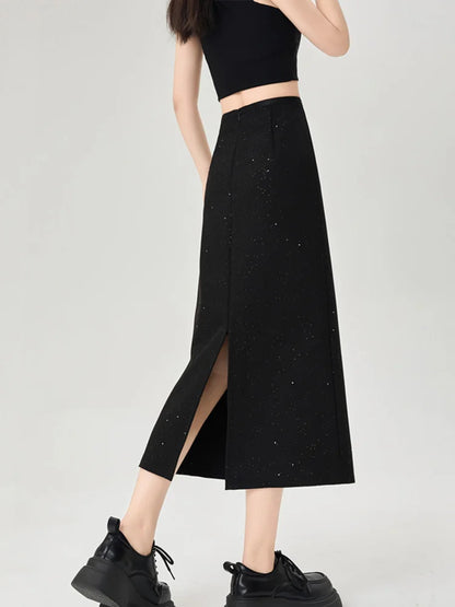 Cralom Elegant Sequins Suit Skirt- High Waist Slim A Line Midi Skirt