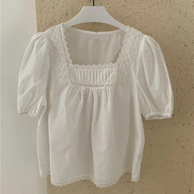 Cralom Japanese Style Square Neck Lace Blouse White Tops Women Summer
