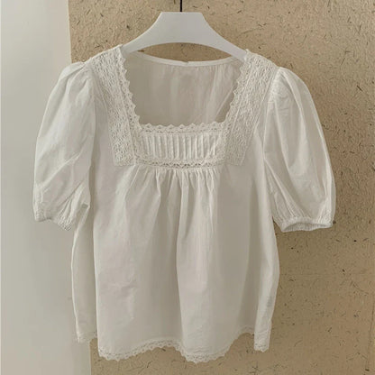 Cralom Japanese Style Square Neck Lace Blouse White Tops Women Summer