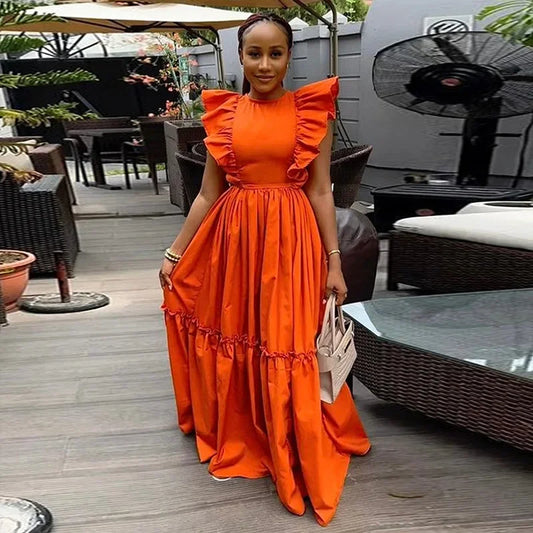 Cralom Summer Ruffles Maxi Dress Women's O-Neck Streetwear Big Swing Short Sleeve