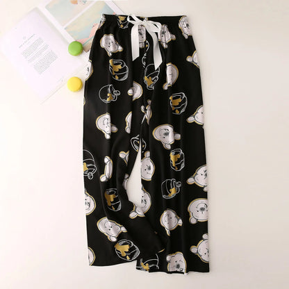 Cralom Floral Cotton Silk Pajama Pants Women's Loose Wide-leg Trousers