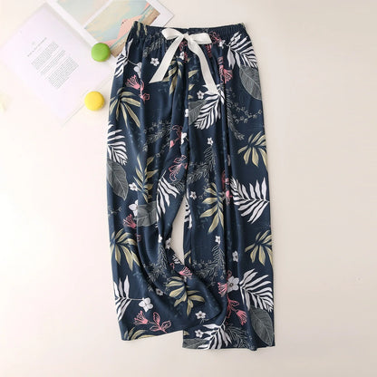 Cralom Floral Cotton Silk Pajama Pants Women's Loose Wide-leg Trousers