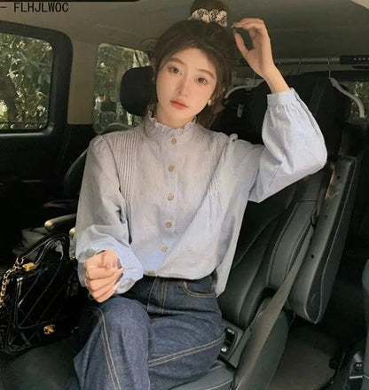 Cralom Blue Striped Ruffles Blouse - Retro Preppy Style Vintage Shirt