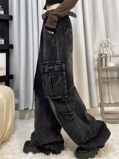 Cralom Women's Cargo Vintage Jeans | High Waist Straight Wide Leg Denim
