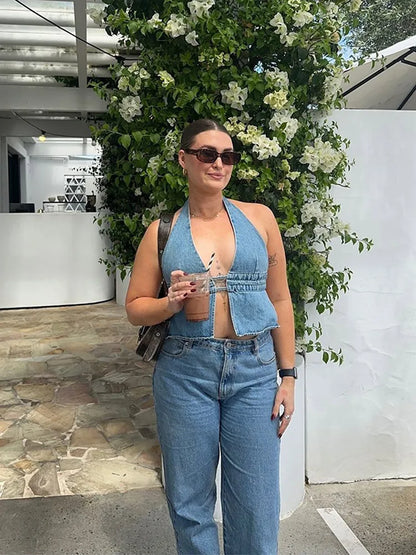 Cralom Lace-Up Denim Halter Vest for Women Summer 2025