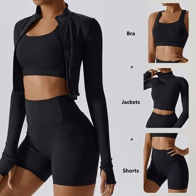 Cralom 3Pcs Yoga Set for Women: Workout Suit, Quick-Drying Material, Gym Jackets