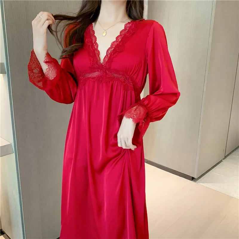 Cralom Long-sleeved Princess Style Nightgown for Women - Spring/Autumn Fashion with Chest Pad