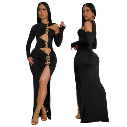 Cralom Sexy Black Tight Dress with Hollow Out Split Design for Summer 2025