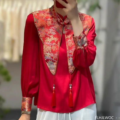 Cralom Red Chi-pao Collar Blouse 2024 Collection