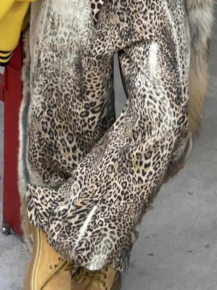 Cralom Vintage Leopard Wide Leg Jeans - Y2K Fashion Streetwear