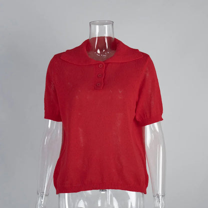 Cralom Summer Knit Polo Bubble Sleeve Sweater for Women