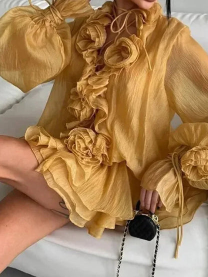Cralom Summer Lady Suit: 3D Flower Cascading Ruffle V-Neck Shirt with Elastic Waist Shorts