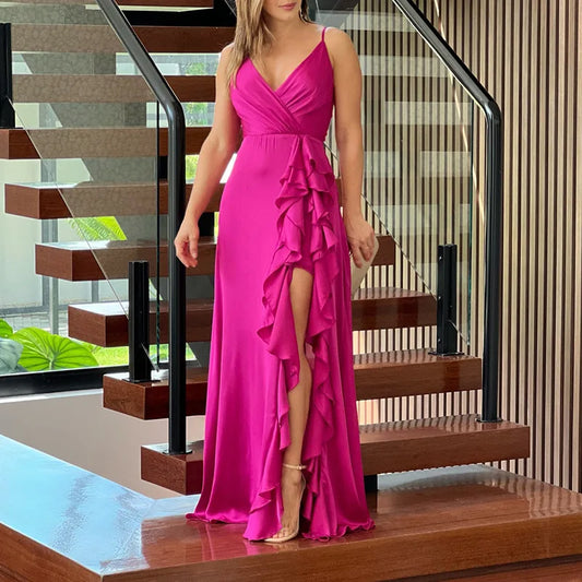 Cralom Summer Maxi Skirt Dress with Ruffle V-neck and High Waist